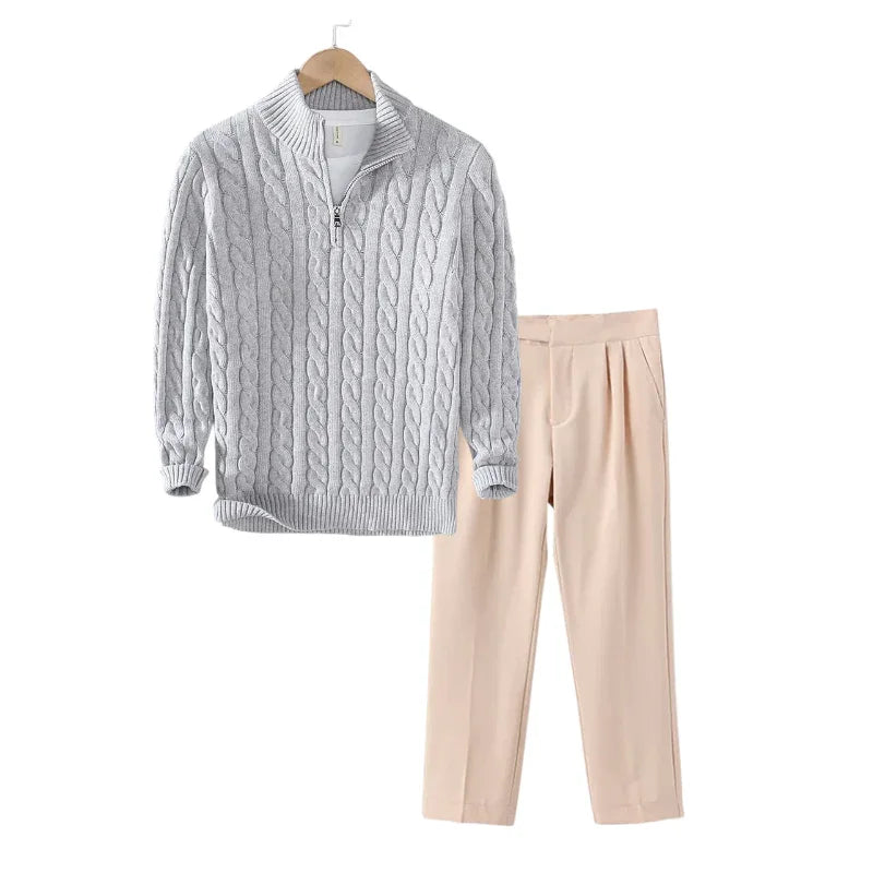 Tenue d’Hiver – Pull Torsadé & Pantalon de Tailleur