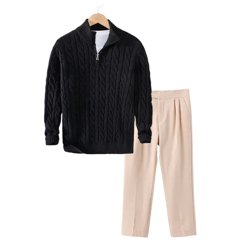 Tenue d’Hiver – Pull Torsadé & Pantalon de Tailleur