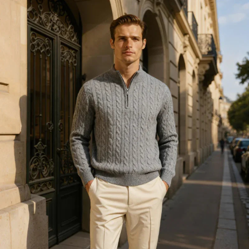 Tenue d’Hiver – Pull Torsadé & Pantalon de Tailleur