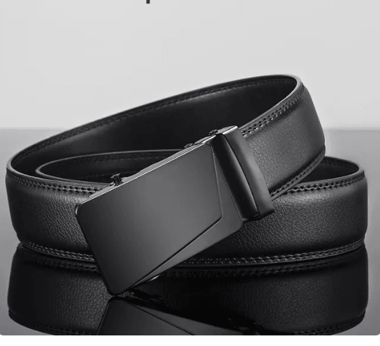 Men's leather belt with automatic metal buckle
