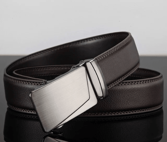Men's leather belt with automatic metal buckle