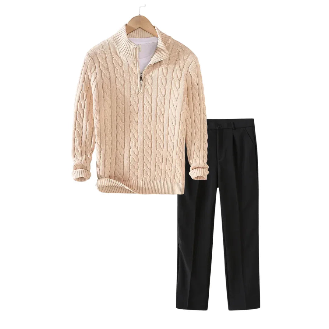 Tenue d’Hiver – Pull Torsadé & Pantalon de Tailleur