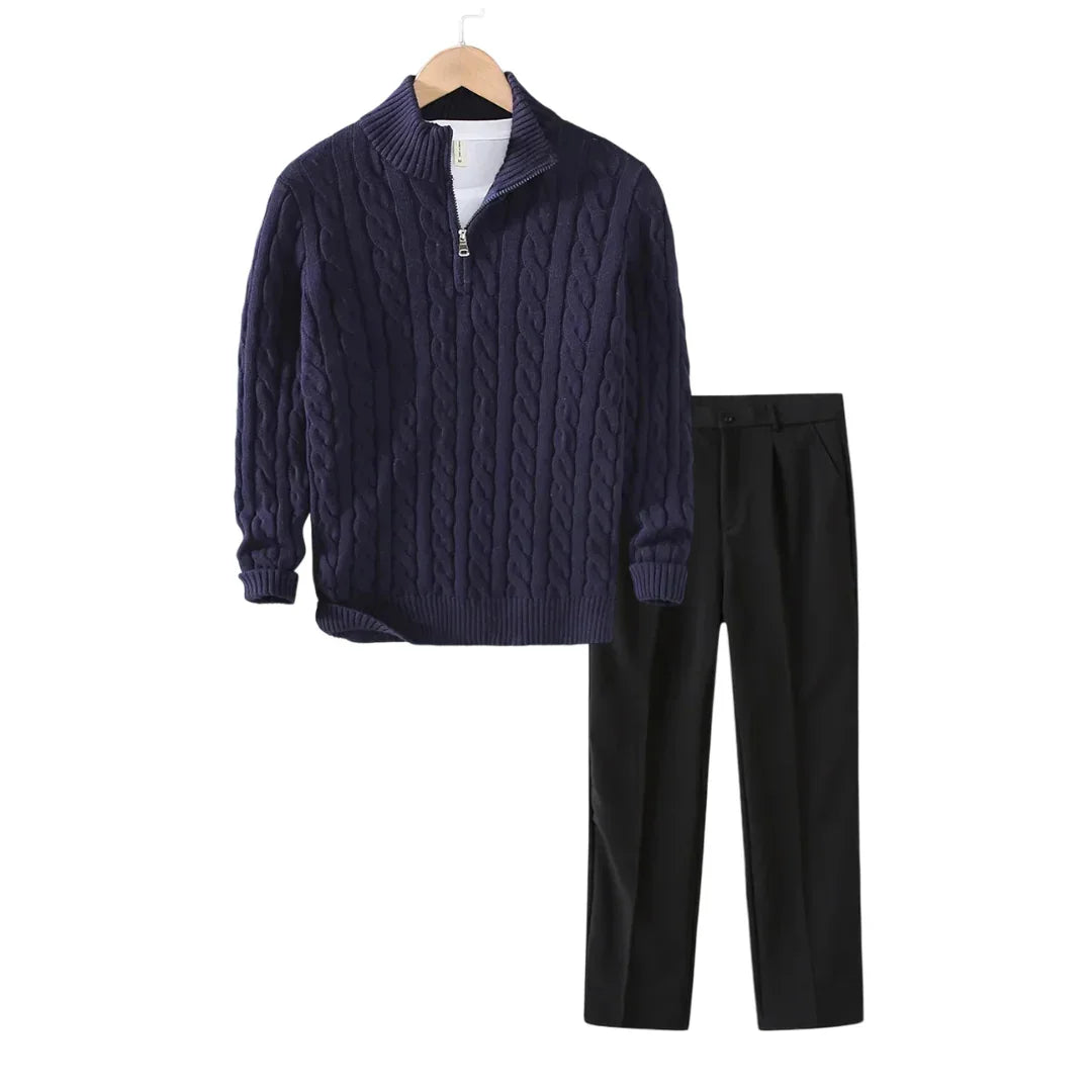 Tenue d’Hiver – Pull Torsadé & Pantalon de Tailleur