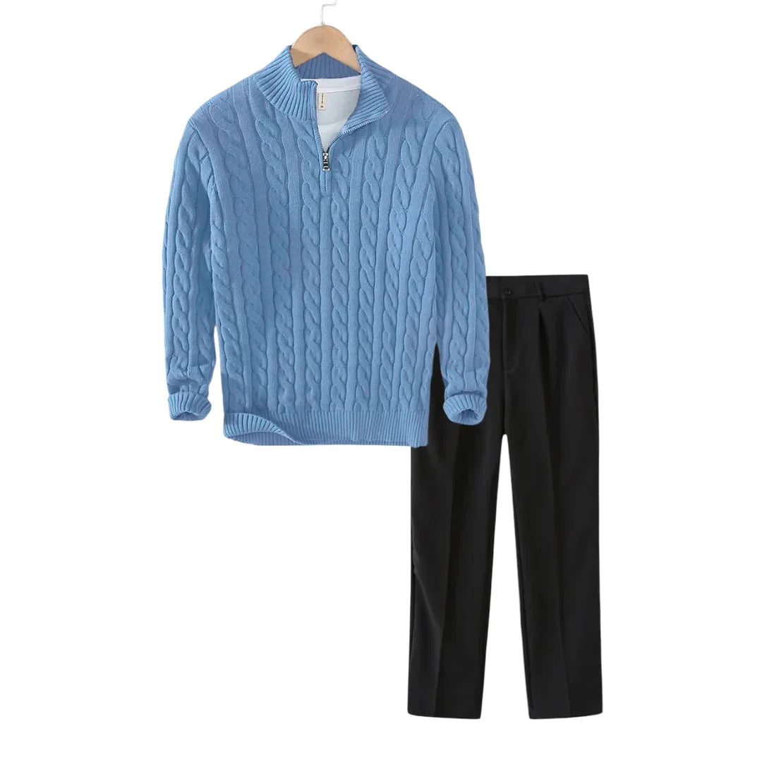 Tenue d’Hiver – Pull Torsadé & Pantalon de Tailleur