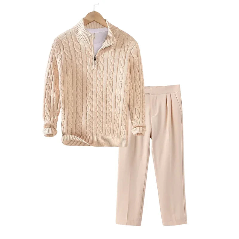 Tenue d’Hiver – Pull Torsadé & Pantalon de Tailleur