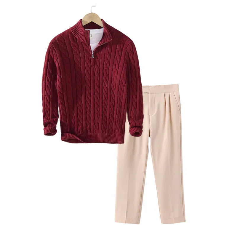 Tenue d’Hiver – Pull Torsadé & Pantalon de Tailleur