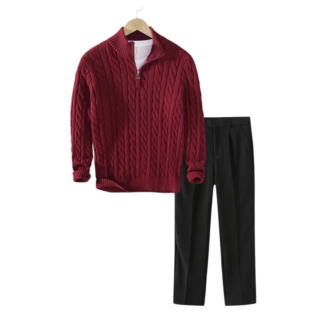 Tenue d’Hiver – Pull Torsadé & Pantalon de Tailleur